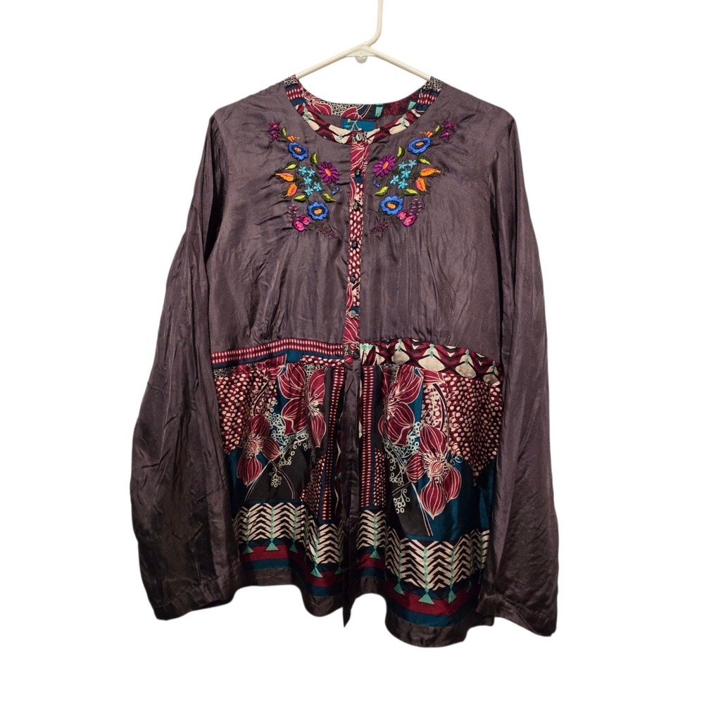Johnny Was 100% Silk Embroidered Peasant Top Womens XL Colorful Shirt Boho Tie